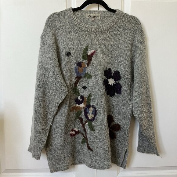 Vintage Vicsin Sweater Womens M Gray Floral Mohair Blend Boho Oversized Granny - Picture 3 of 9